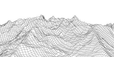 Wireframe 3D landscape mountains. Futuristic 3D cartography. Wireframe landscape wire. Cyberspace grid.