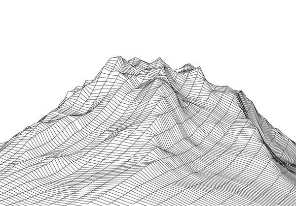 Wireframe 3d βουνά τοπίο. Μελλοντική τρισδιάστατη χαρτογραφία. Καλώδιο τοπίου Wireframe. Δίκτυο κυβερνοχώρου. — Διανυσματικό Αρχείο