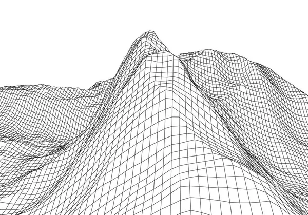 Montagne panoramiche wireframe 3D. Cartografia 3D futuristica. Filo orizzontale wireframe. Griglia ciberspazio . — Vettoriale Stock