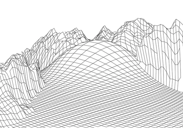 Montagne panoramiche wireframe 3D. Cartografia 3D futuristica. Filo orizzontale wireframe. Griglia ciberspazio . — Vettoriale Stock