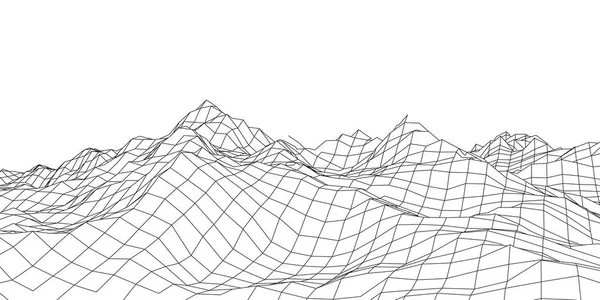 Montañas de paisaje 3D Wireframe. Cartografía futurista en 3D. Alambre de paisaje Wireframe. Rejilla ciberespacial . — Archivo Imágenes Vectoriales