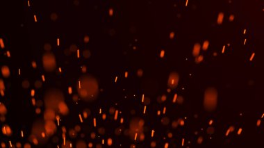 Yangın arka plan kıvılcımları. Kıvılcımlar saçar. Uçan kıvılcımlar. Bulanık parlak ışık. 3B görüntüleme