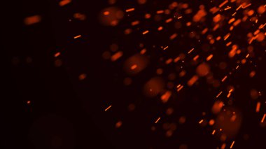 Yangın arka plan kıvılcımları. Kıvılcımlar saçar. Uçan kıvılcımlar. Bulanık parlak ışık. 3B görüntüleme