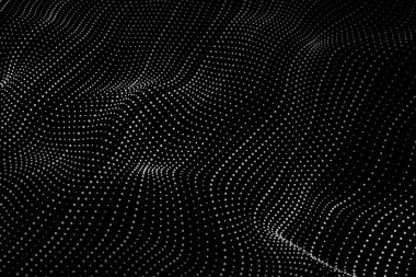 3 boyutlu dalga. Parçacık dalgası. Gelecekçi nokta dalgası. Poster için tasarım. Teknoloji vektör geçmişi. Vektör illüstrasyonu.