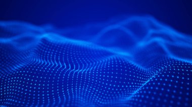 3 boyutlu dalga. Parçacık dalgası. Soyut Mavi Geometrik Arkaplan. Büyük veri görselleştirmesi. Veri teknolojisi soyut gelecek çizimi. 3d oluşturma.