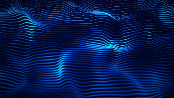 波の3D 。粒子の波。概要青い幾何学的背景。ビッグデータ可視化。データ技術抽象未来図。3Dレンダリング. — ストック写真