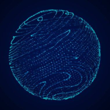 Soyut mavi 3d küre. Büküm çizgileri ile küre. Parlayan çizgiler Logo tasarımı büküm. Dış uzay nesnesi. Fütüristik teknoloji tarzı. Küre parçacıkları. 3d render.