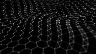 Fütüristik siyah altıgen arka plan. Fütüristik petek konsepti. Parçacık dalgası. 3d render. Veri teknolojisi arka planı