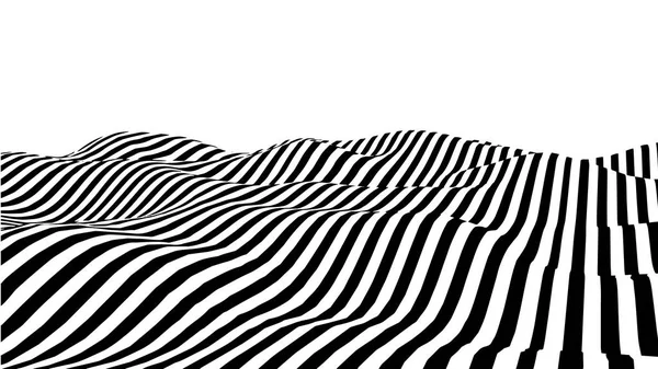 Onda de ilusión óptica. Ilusiones abstractas en blanco y negro en 3D. Patrón de rayas de líneas horizontales o fondo con efecto de distorsión ondulada. Ilustración vectorial. — Vector de stock