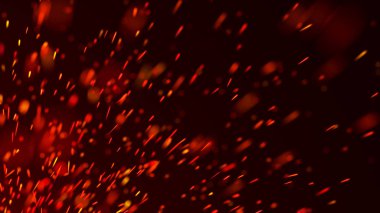 Yangın arka plan kıvılcımları. Kıvılcımlar saçar. Uçan kıvılcımlar. Bulanık parlak ışık. 3B görüntüleme