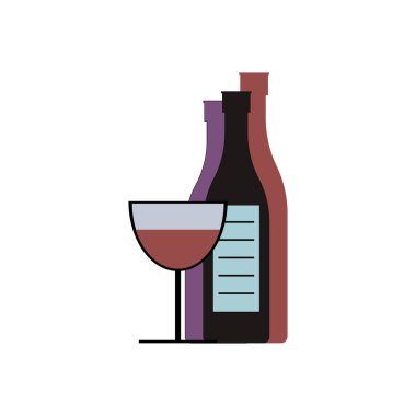 Bir şişe şarap ve bir kadeh şarap ikonu. Şarap tatma. Vektör illüstrasyonu.