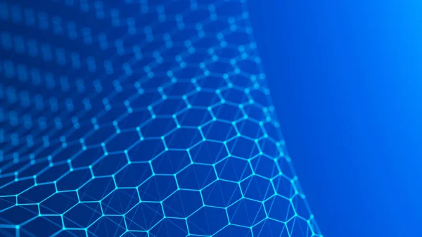 未来的蓝色六边形背景 未来派蜂窝概念 粒子的波涛3D渲染 — 图库照片