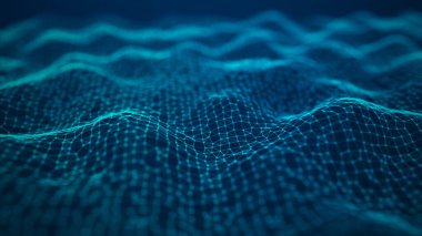 3 boyutlu dalga. Parçacık dalgası. Soyut Mavi Geometrik Arkaplan. Büyük veri görselleştirmesi. Veri teknolojisi soyut gelecek çizimi. 3d oluşturma.