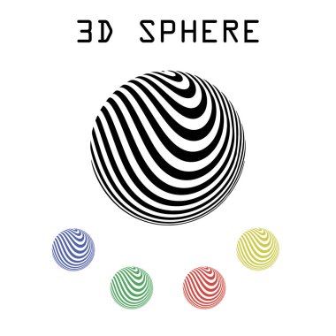 Optik illüzyon küresi. Çizgili toplar 3 boyutlu. Soyut üç boyutlu siyah beyaz illüzyonlar. Yatay çizgiler çizgili desen ya da dalgalı çarpıtma etkisiyle arka plan. Vektör illüstrasyonu.