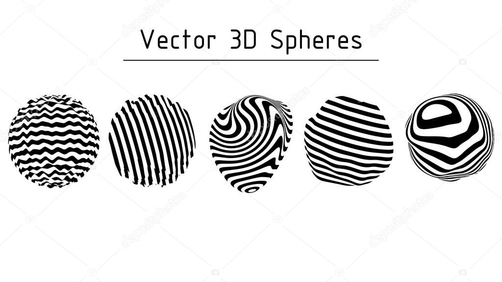Set of striped illusion spheres. Abstract 3d black and white illusions.