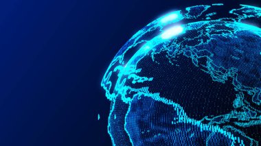 Genel ağ bağlantısı. Soyut Dünya Haritası. Büyük veri görselleştirmesi. 3B görüntüleme.