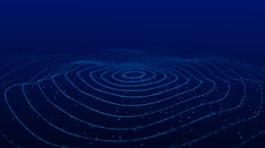 Parçacık dalgası. Dinamik dalgalı soyut bir arkaplan. Mavi noktaların gelecekteki dalgası. Gelecekçi parçacıklar arka planı. Büyük veri görselleştirmesi. 3B görüntüleme.