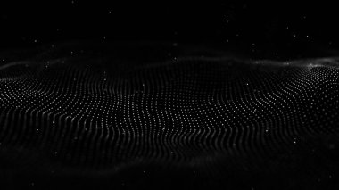 3 boyutlu dalga. Parçacık dalgası. Soyut Siyah Geometrik Arkaplan. Büyük veri görselleştirmesi. Veri teknolojisi soyut gelecek çizimi. 3d oluşturma.