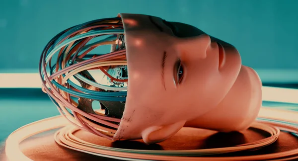 Realistic human robot head, science fiction female cyborg