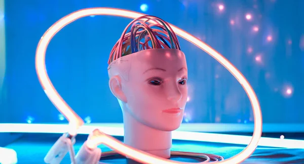 Robot head tests, cyber artificial intelligence brain cables