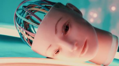 Robot baş yapay zeka kavramı, üzgün cyborg yüz, geleceğin teknolojisi