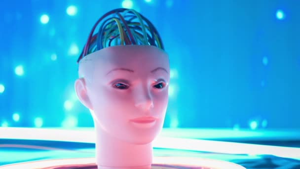 Robôs Importa Cabos Cabeça Humanoide Artificial Luzes Abstratas — Vídeo de Stock