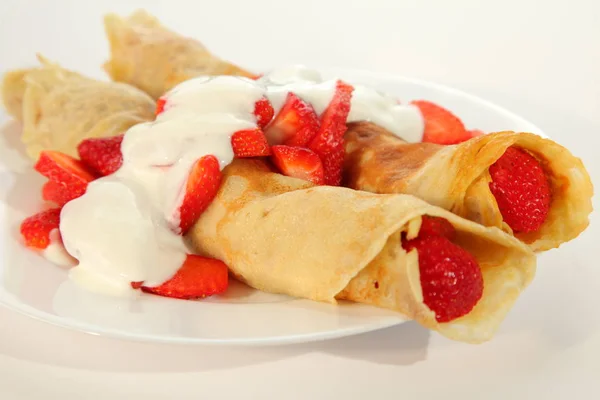 Pancakes Strawberry Natural Yoghurt — Stock Photo, Image