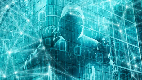 Amenazas cibernéticas en el ciberespacio, dígitos informáticos, inteligencia artificial — Foto de Stock