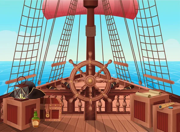 Ilustração Vetorial Vista Ponte Barco Vela Antecedentes Para Jogos Aplicativos — Vetor de Stock