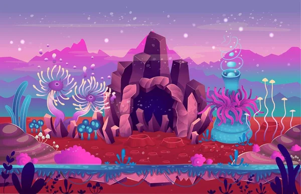 Fantasielandschaft Mit Höhle Magischen Pflanzen Und Pilzen Illustration Des Weltraums — Stockvektor