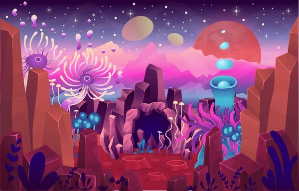 Paisagem Fantasia Com Uma Caverna Plantas Mágicas Cogumelos Ilustração Espaço — Vetor de Stock