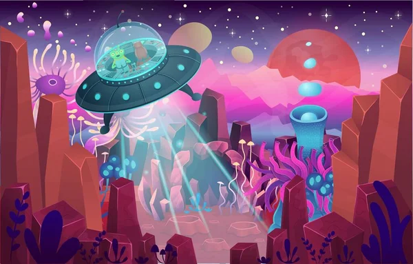 Paesaggio Fantastico Con Una Grotta Piante Magiche Funghi Illustrazione Dello — Vettoriale Stock