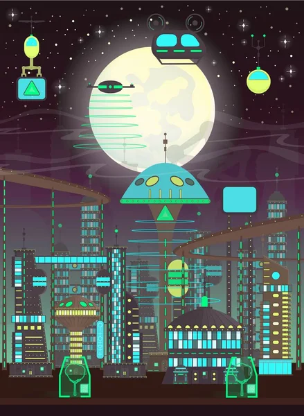 Ville Nocturne Futuriste Dans Style Dessin Animé Plat Panorama Vertical — Image vectorielle