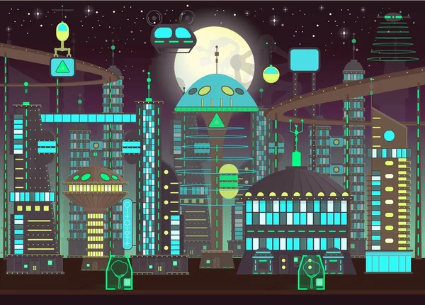 Futuristic Night City Set Flat Cartoon Style Panorama Modern City — Stock Vector