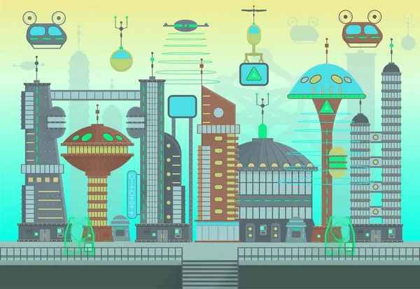 未来派城市的平面卡通设计风格 现代城市的全景 具有现代建筑和未来的交通 游戏的矢量说明 — 图库矢量图片