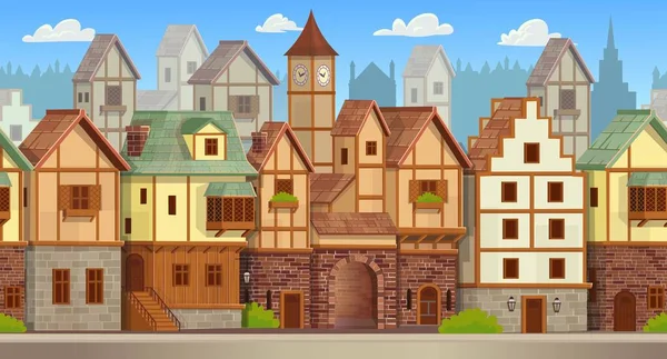 中世の町のシームレスなパターン シャレー様式の家がある旧市街の通り 漫画風のベクトルイラスト — ストックベクタ