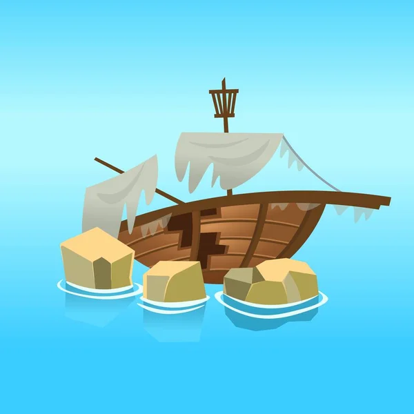 Сломанный Корабль Море Векторная Иллюстрация Стиле Мультфильма — стоковый вектор