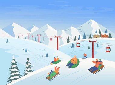 Kış manzarası, kayak, dağlar, insanlar kayak, snowboard. Kayak merkezi. Vektör düz resimleme.