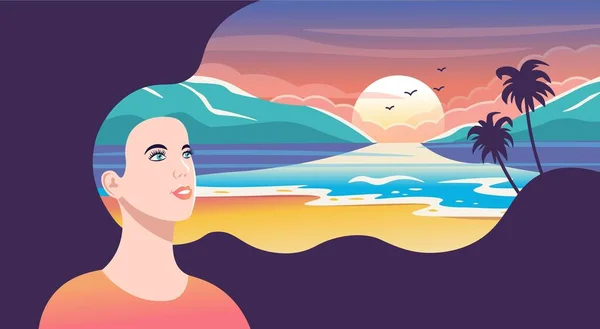 Mujer Viendo Paisaje Veraniego Pelo Playa Tarde Atardecer Con Olas — Vector de stock