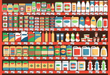 Süpermarket. Ürün ve içeceklerle dolu renkli raflar. Vektör illüstrasyonu.