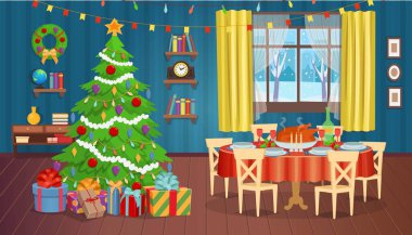 İçinde şömine, Noel ağacı, pencere, kitaplık, masa ve koltuklar var. kartoon vektör illüstrasyonu.