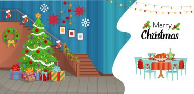 İçinde merdivenler olan bir Noel ağacı, içinde yemek olan bir tatil masası. kartoon vektör illüstrasyonu.