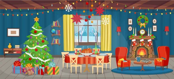 Weihnachtsinterieur Mit Kamin Weihnachtsbaum Fenster Bücherregal Schreibtisch Und Sesseln Zeichentrickvektorillustration — Stockvektor