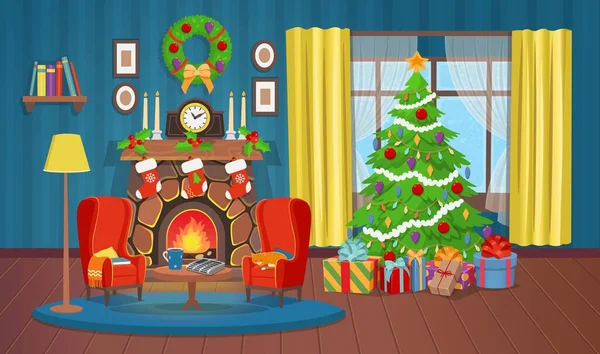 Weihnachtsinterieur Mit Kamin Weihnachtsbaum Fenster Bücherregal Schreibtisch Und Sesseln Artoon — Stockvektor