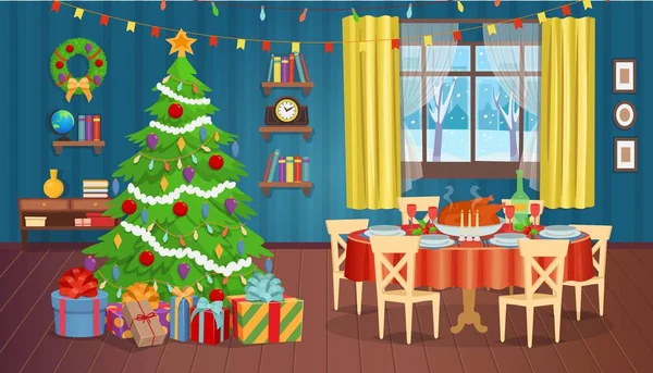 Vánoční Interiér Krbem Vánoční Stromeček Okno Knihovna Stůl Křesla Ilustrace — Stockový vektor