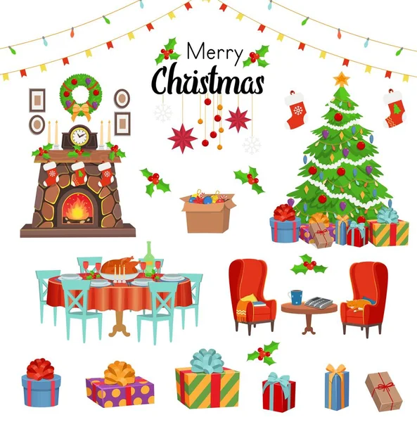 Christmas Set Fireplace Chairs Christmas Tree Holiday Table Food Gifts — Stock Vector