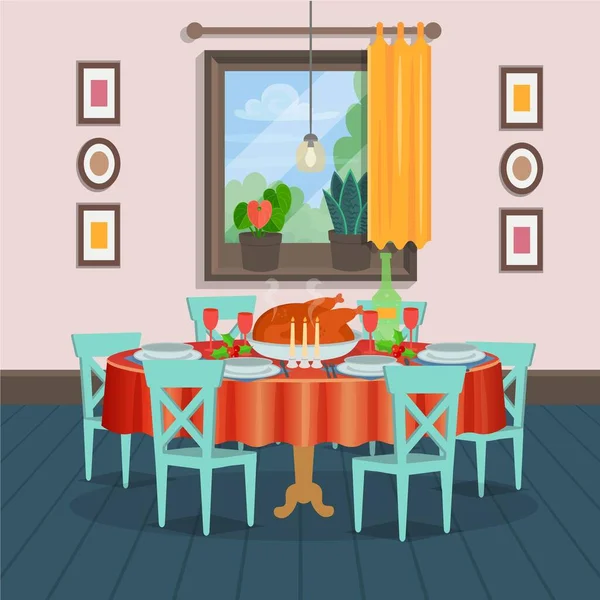 有食物和窗户的假日餐桌 现代舒适的餐厅内部有桌子 有椅子 室内植物 矢量插画平面卡通风格 — 图库矢量图片