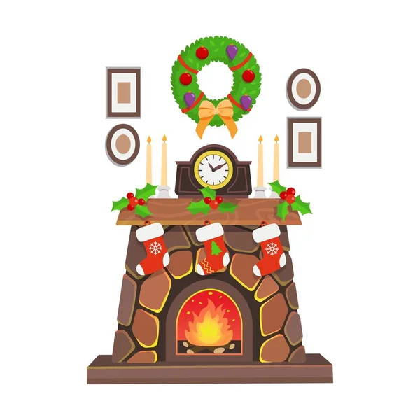 Weihnachtskamin Mit Uhr Kranz Bildern Kerzen Vektorgrafik — Stockvektor