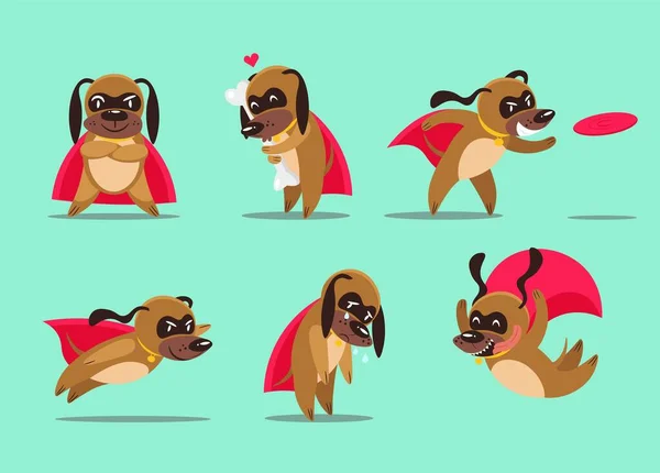 Conjunto Cães Desenhos Animados Super Herói Diferentes Poses Vector Ilustração —  Vetores de Stock