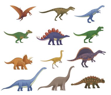 Büyük bir karikatür dinozor seti. Pterodactylus, ankylosaurus, stegosaurus, pachycephalosaurus, spinosaurus, tyrannosaurus, tarbosaurus, triceratops, gallimimus, amphicoelias, diplodocus, plateosaurus